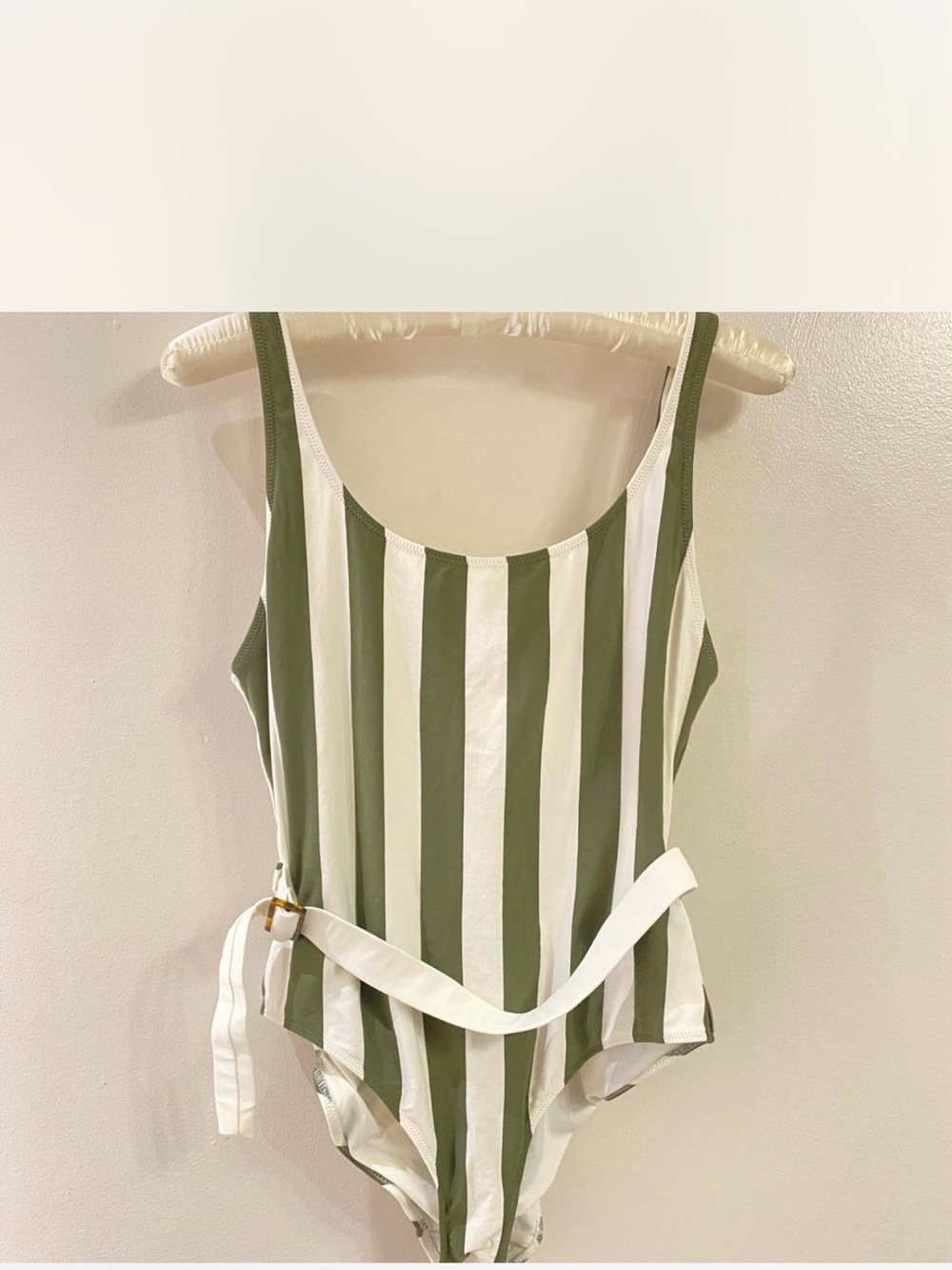 SOLID & STRIPED Belted Olive Green and White Striped One-Piece Swimsuit Size XL